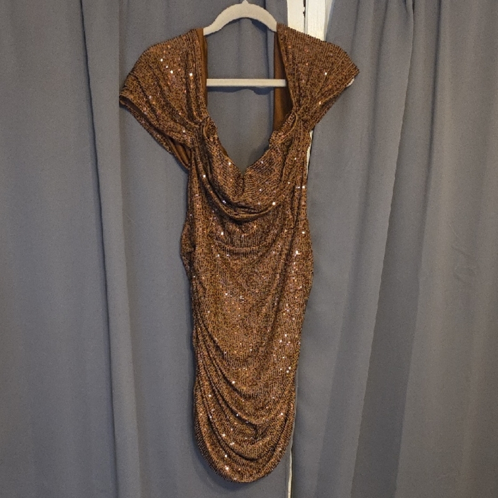 NWT PrettyLittleThing Plus Women's‎ Chocolate Sequin Bardot Bodycon Dress Sz 20